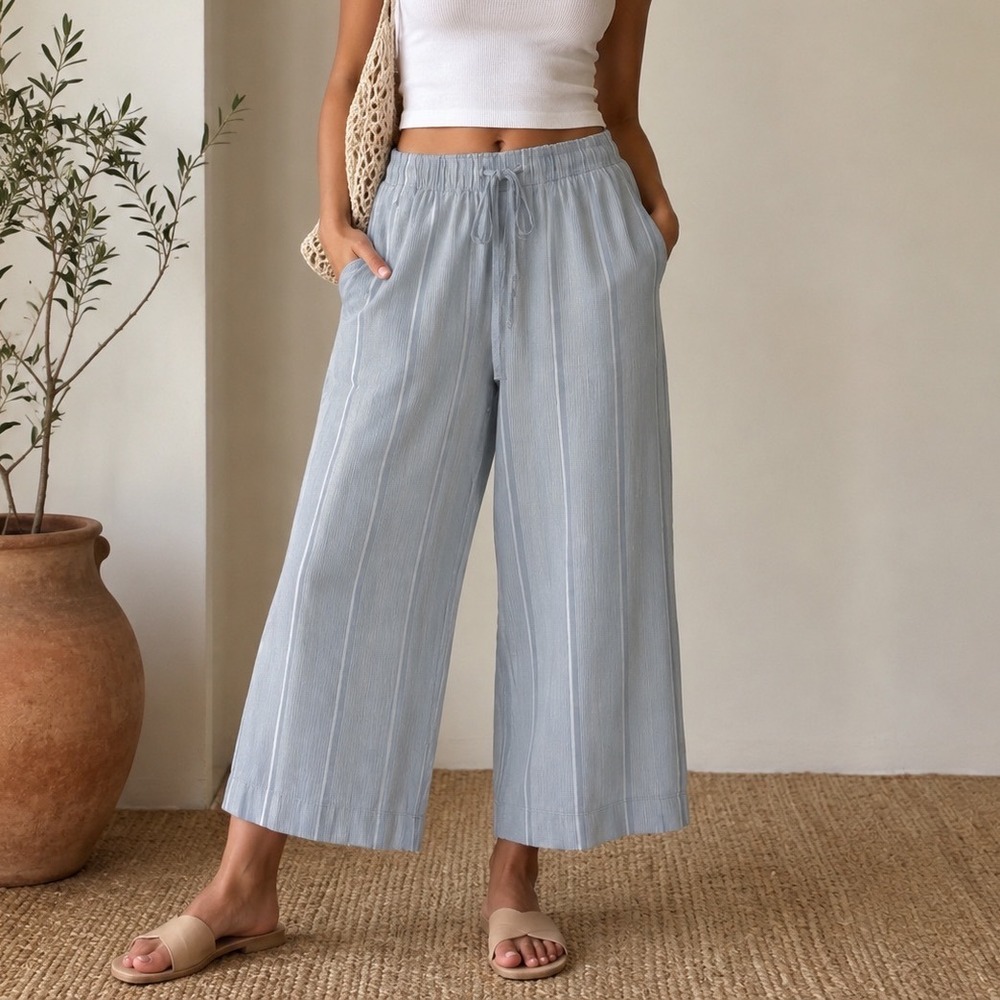 Eddie Bauer Blue Striped Wide Leg Linen Blend Pants Coastal Summer Cropped M zz